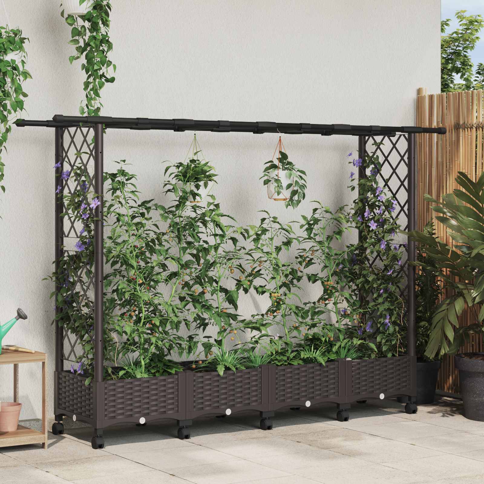 Magasított ágy trellis-szel és tetővel barna 203 x 40 x 127 cm