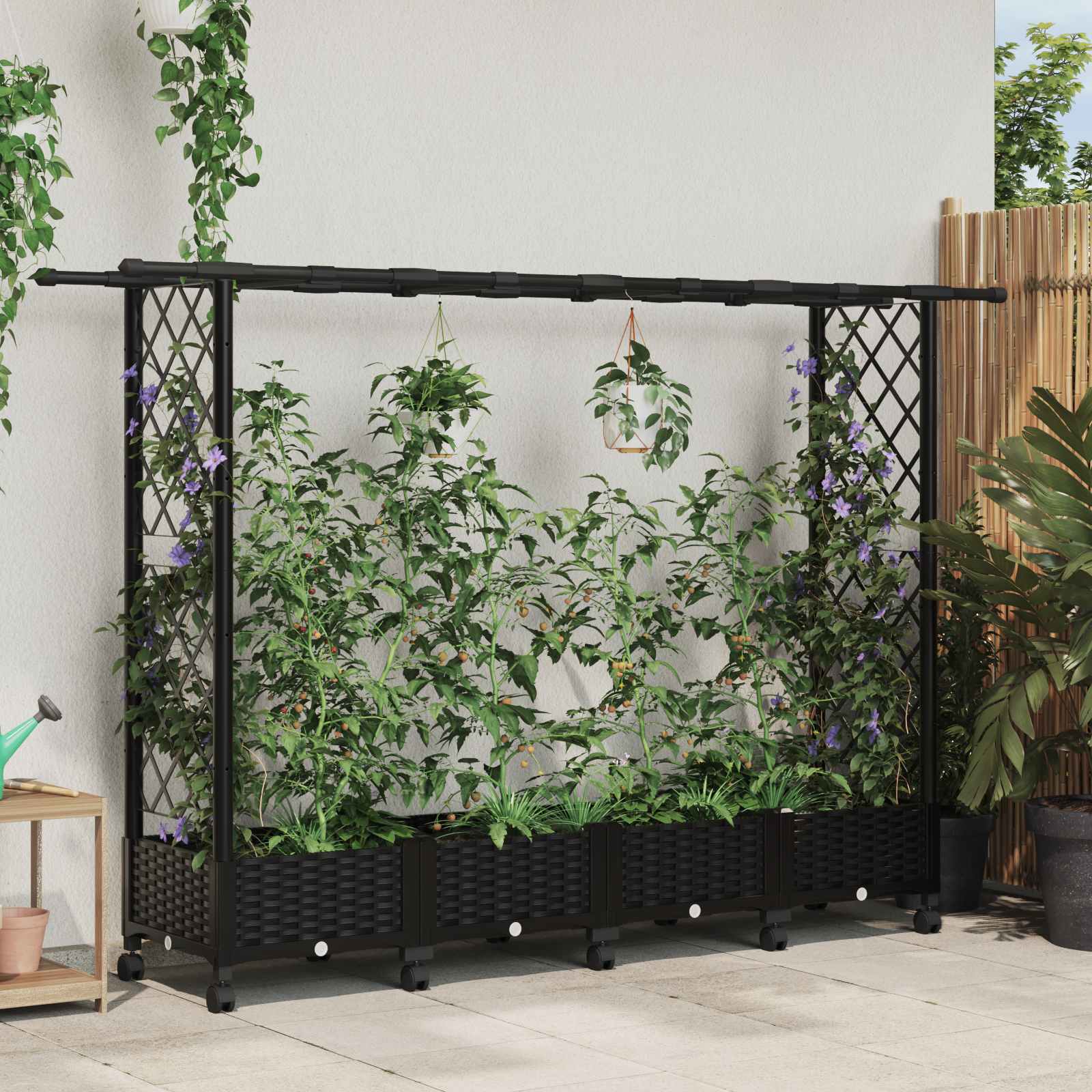 Magasított ágy trellis-szel és tetővel fekete 203 x 40 x 127 cm