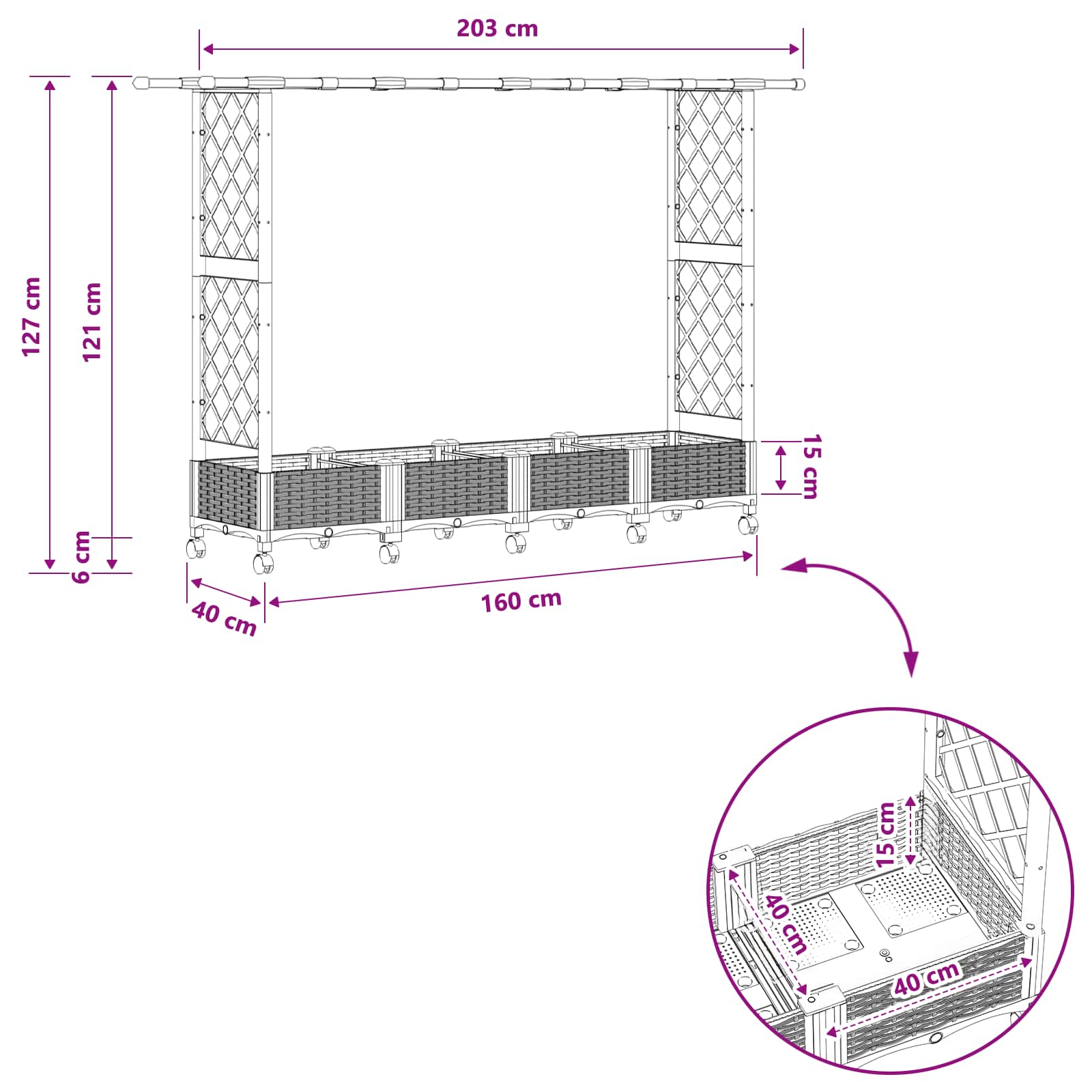 Magasított ágy trellis-szel és tetővel fekete 203 x 40 x 127 cm