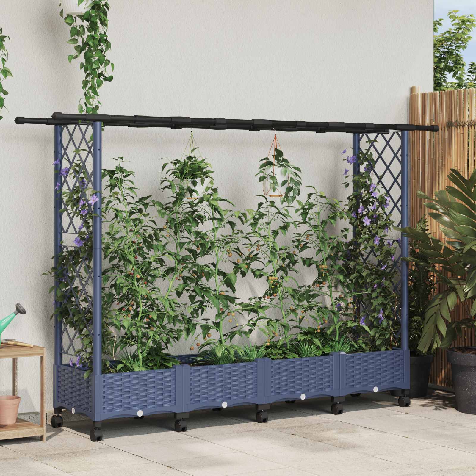 Magasított ágy trellis-szel és tetővel szürke 203 x 40 x 127 cm