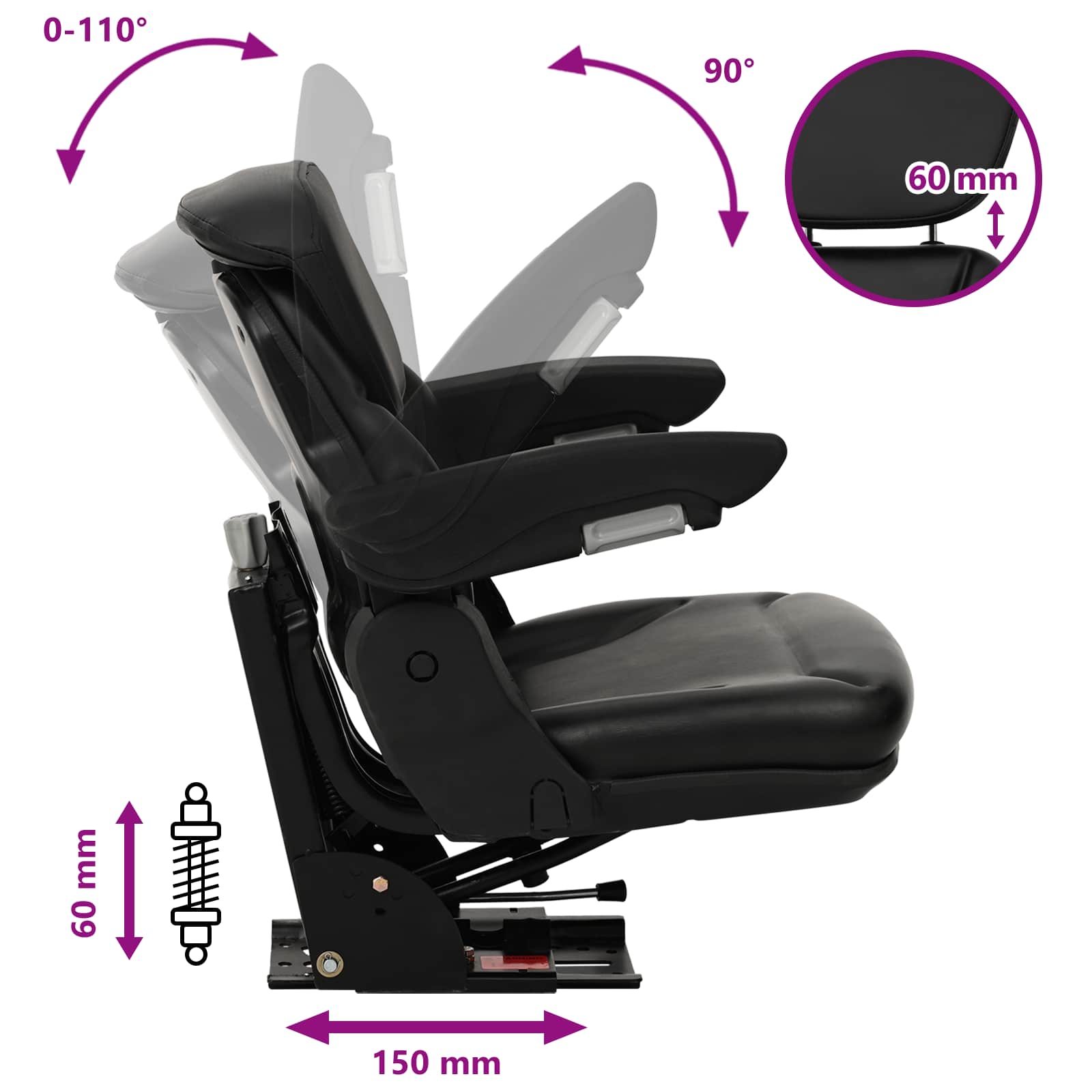 Traktor ülés felfüggesztéssel fekete 60 x 58 x 72 cm