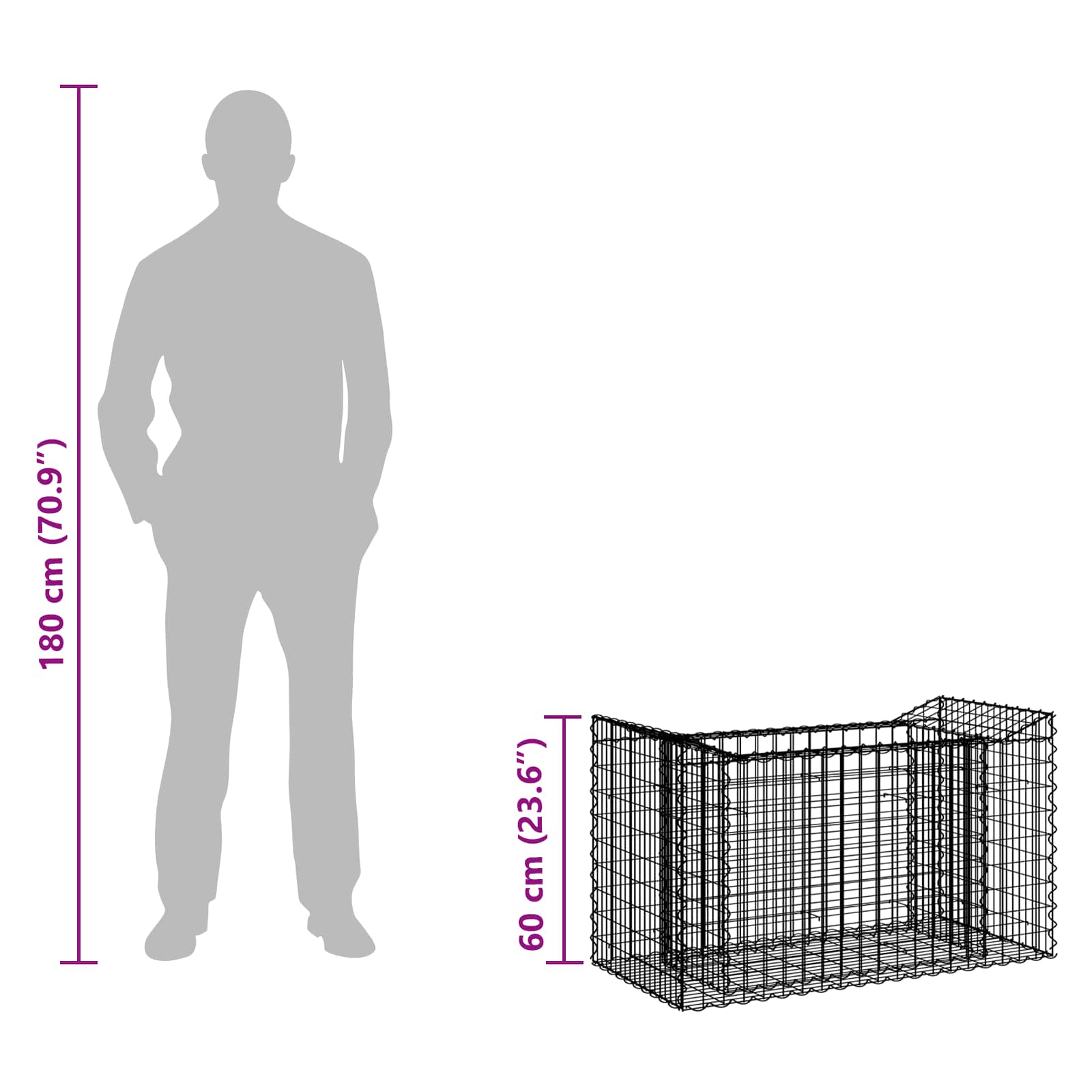 Gabion emelt ágy ezüst 50 x 100 x 60 cm horganyzott acél