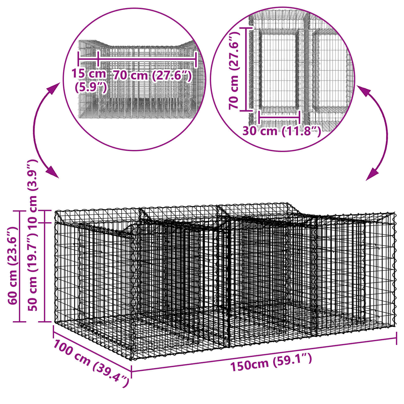 Gabion emelt ágy ezüst 150 x 100 x 60 cm horganyzott acél