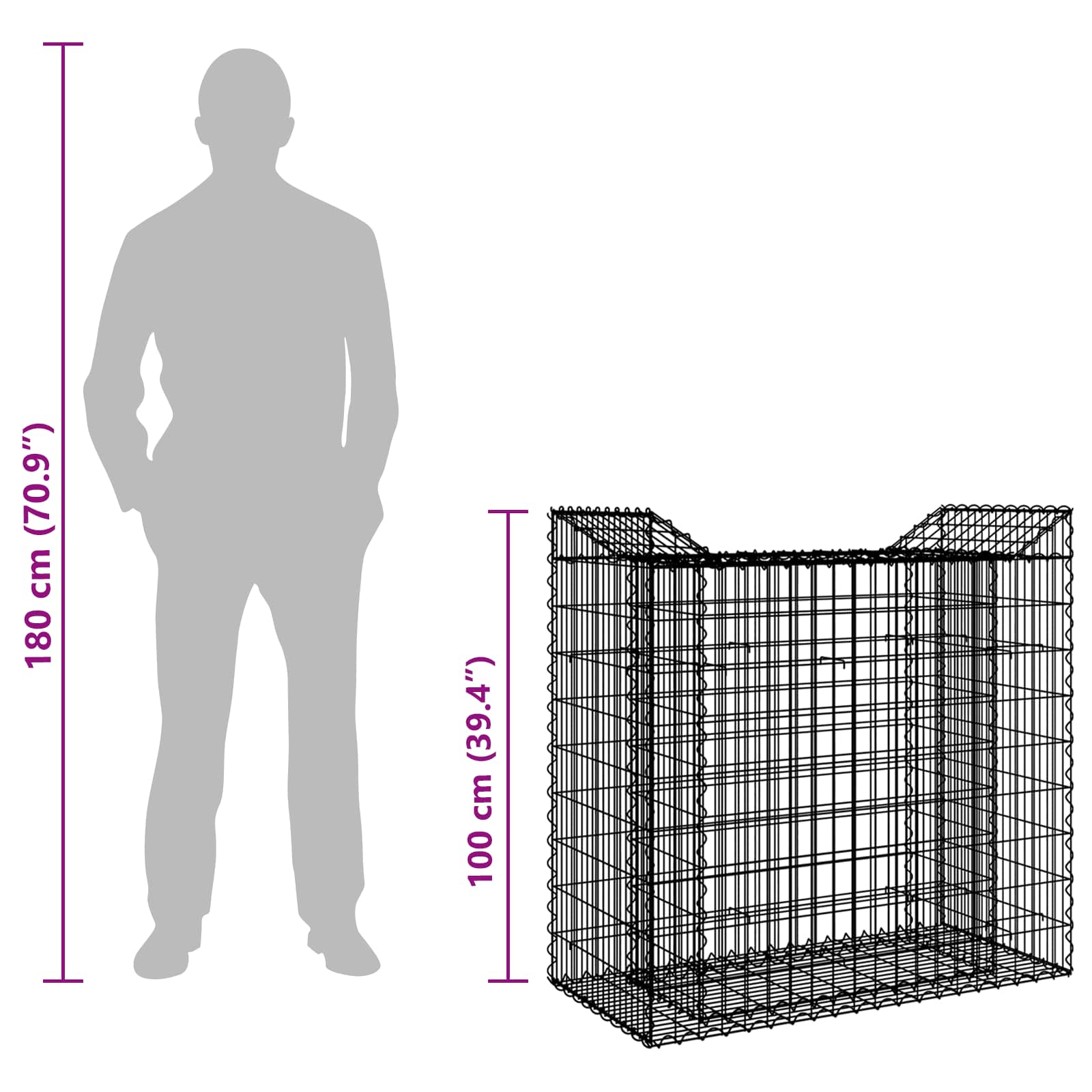 Gabion emelt ágy ezüst 50 x 100 x 100 cm horganyzott acél