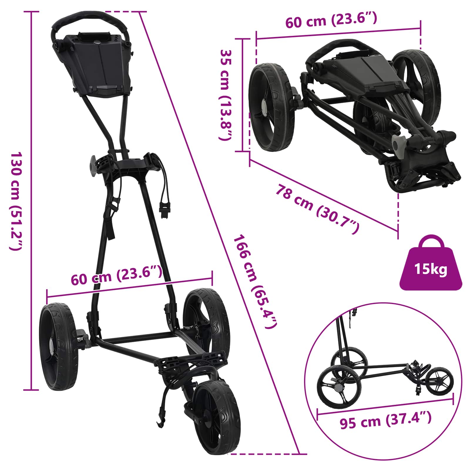 Golf kocsi fekete 95 x 60 x 130 cm vas