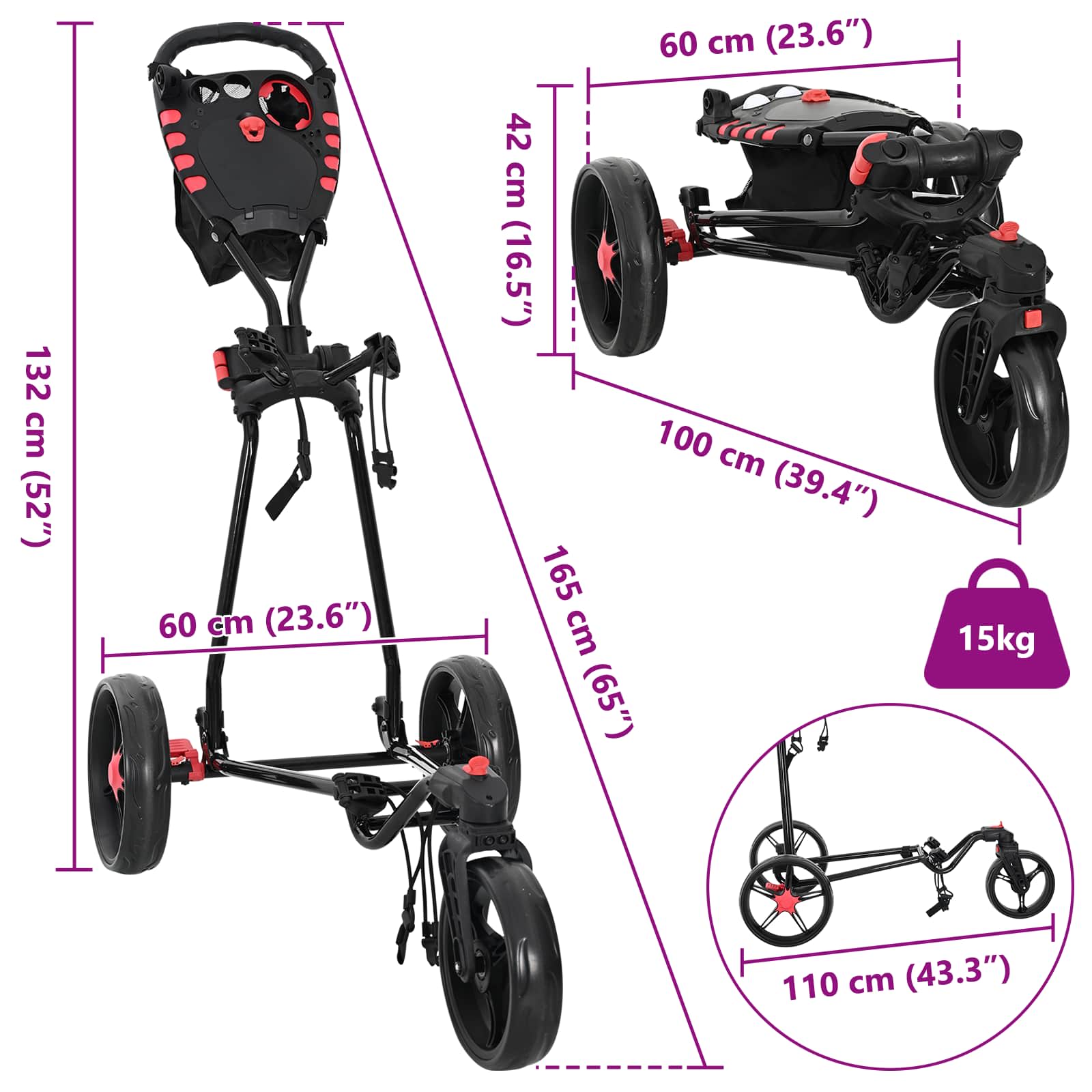 Golf kocsi fekete 110 x 60 x 132 cm vas