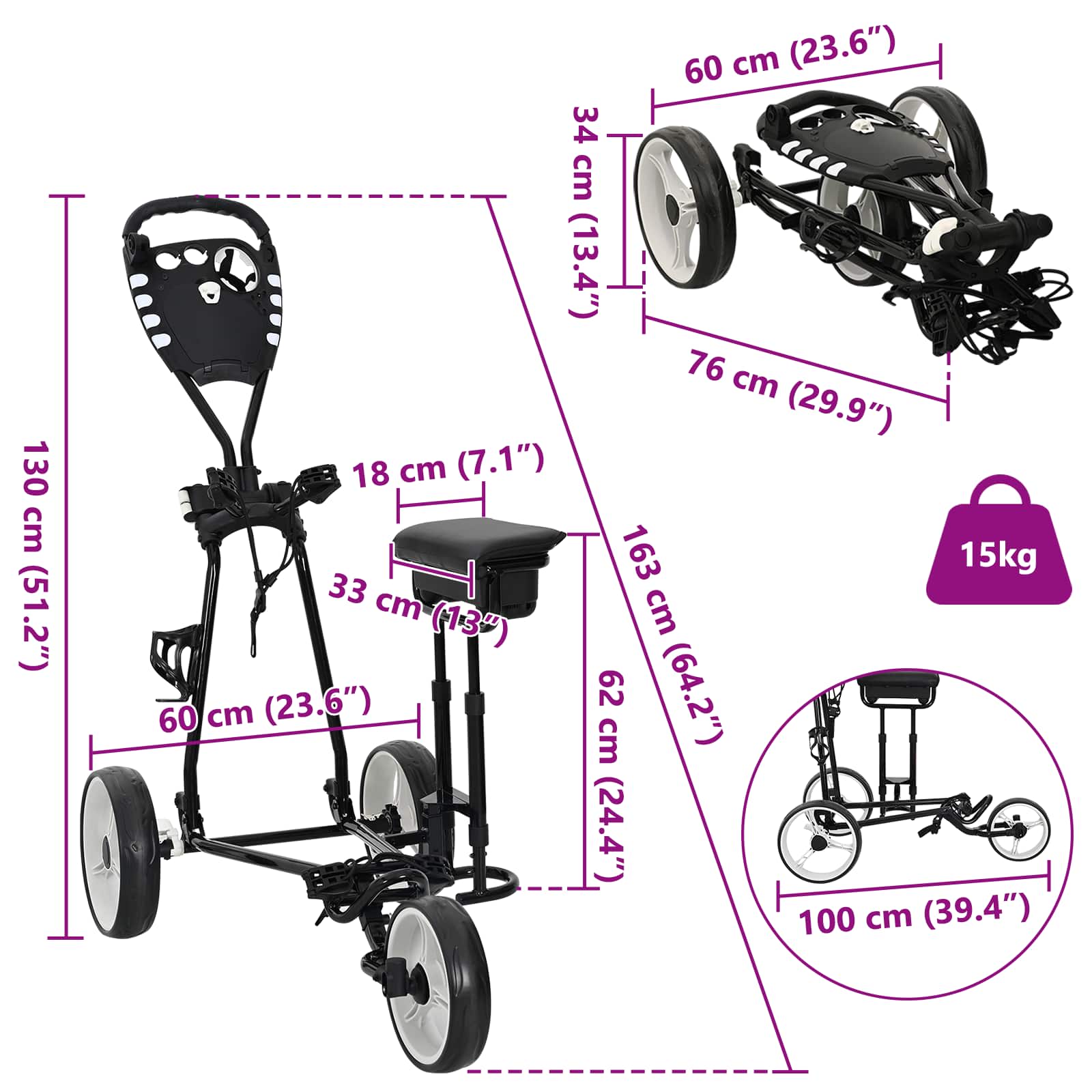 Golf kocsi üléssel fekete és fehér 100 x 60 x 130 cm vas