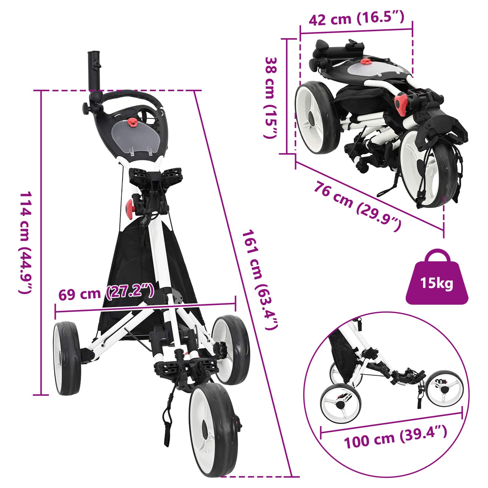 Golf kocsi fekete és fehér 100 x 69 x 114 cm alumínium