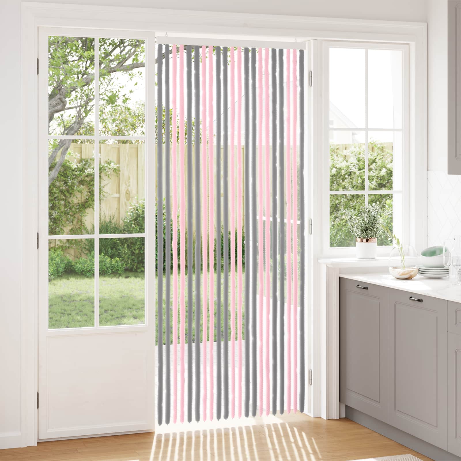 Rovar függöny chenille ezüstszürke és rózsaszín 90 x 220 cm