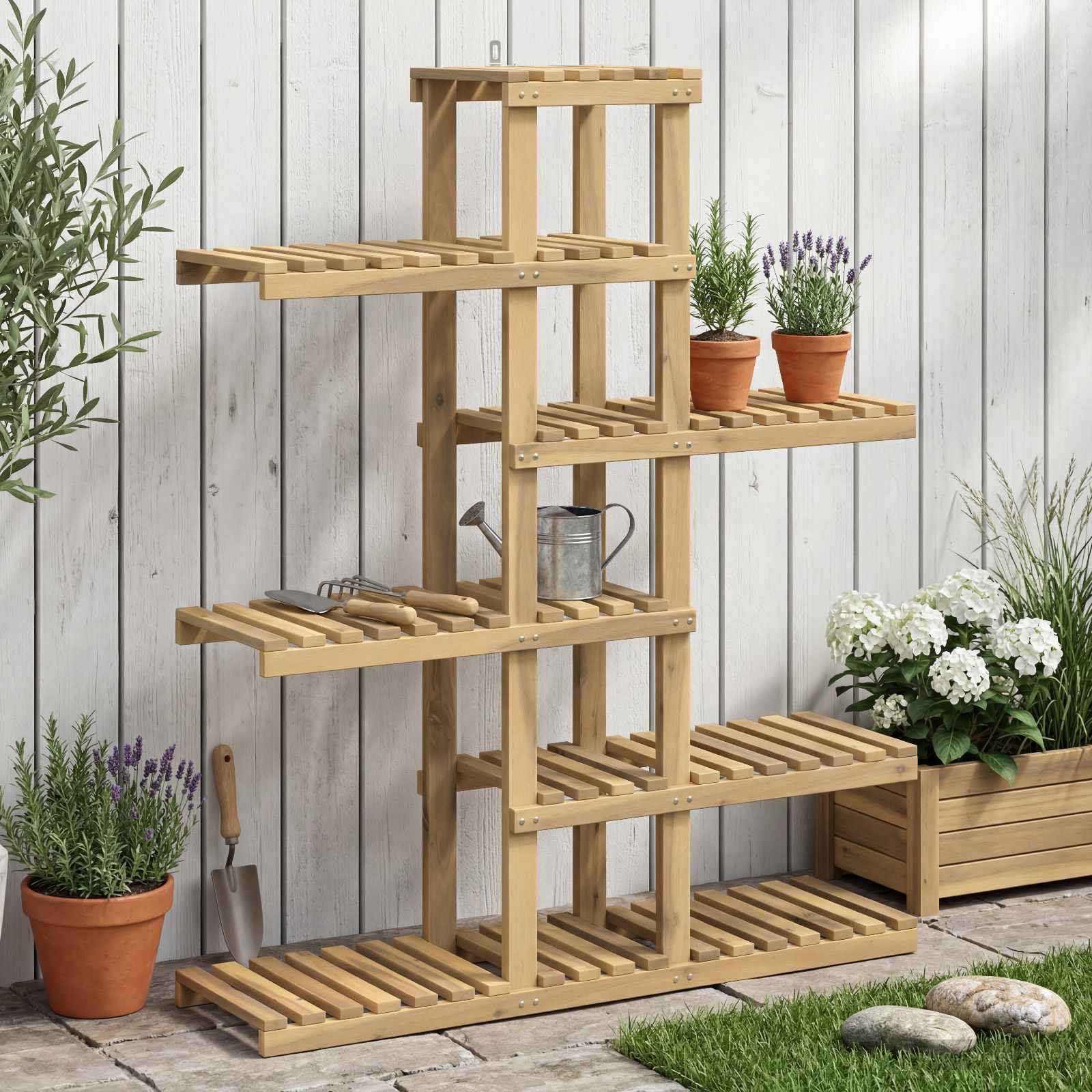 Növényállvány fehér 93 x 25 x 114,5 cm tömör akácfa