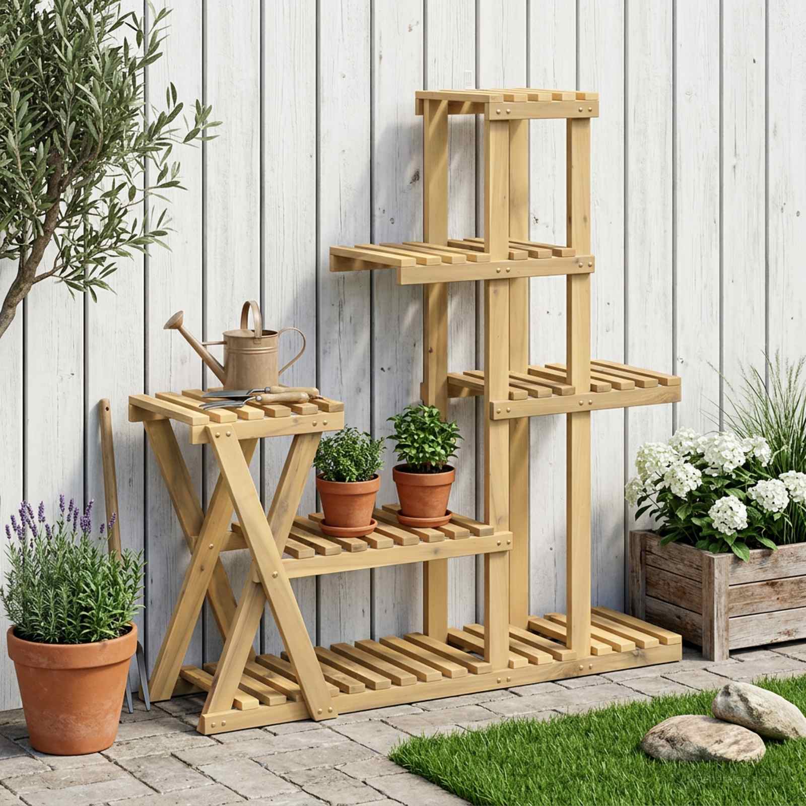 Növényállvány fehér 95 x 25 x 101,5 cm tömör akácfa