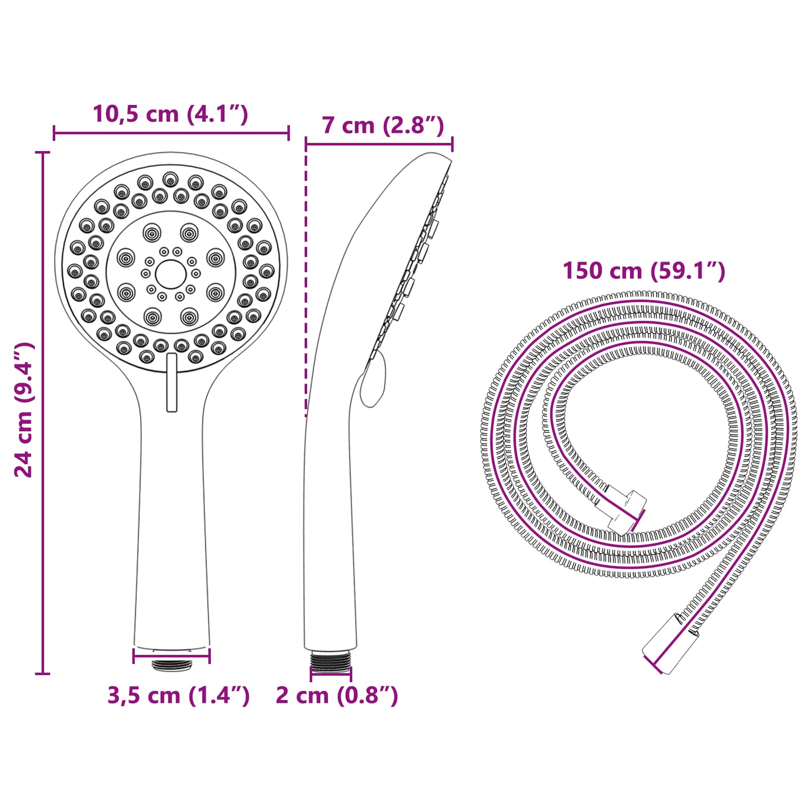 Zuhanyfej készlet fekete 150 cm rozsdamentes acél