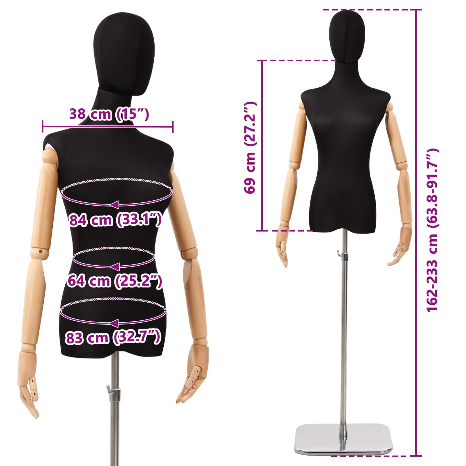 Állítható 162-233 cm-es mannequin fejjel és alappal női pp