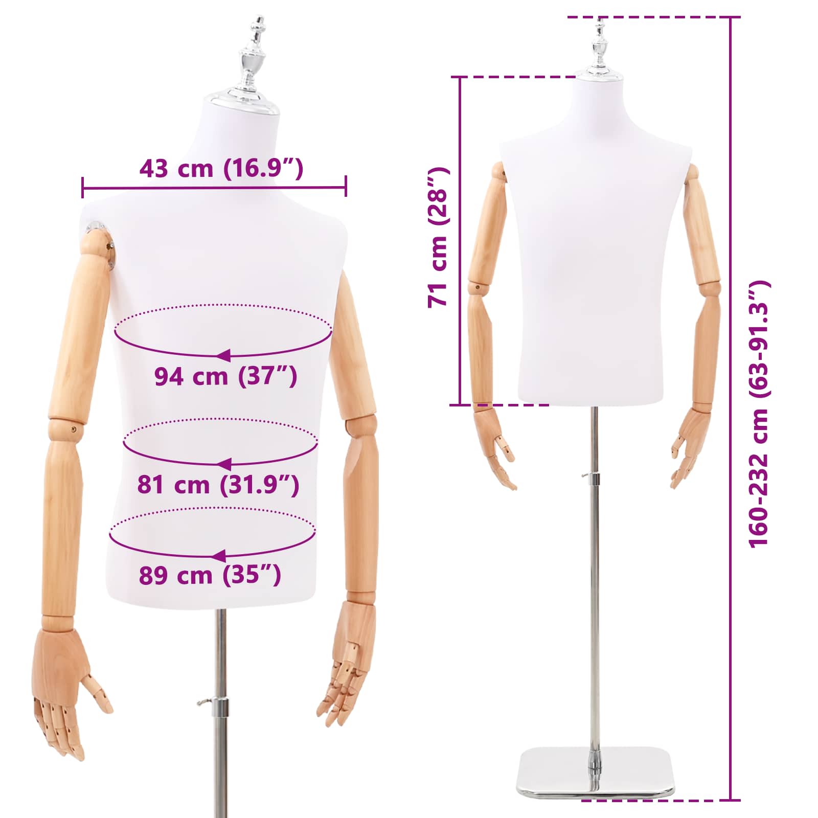 Állítható 160-232 cm-es manöken talppal férfi pp fehér