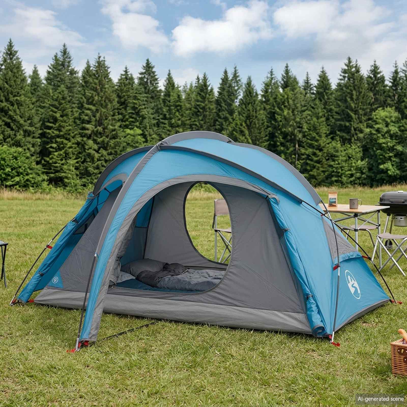 Trekking sátor esővédővel, vízálló 2 személyes 2 személyes kék
