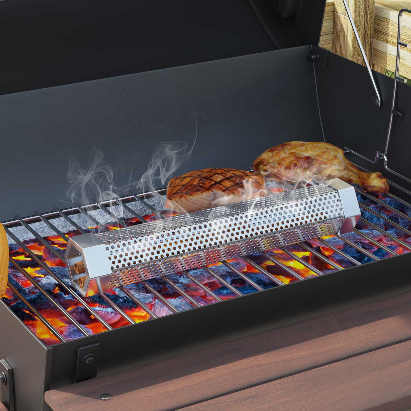 Faszenes grillsütő füstölő csövekkel 91 x 71 x 107 cm acél