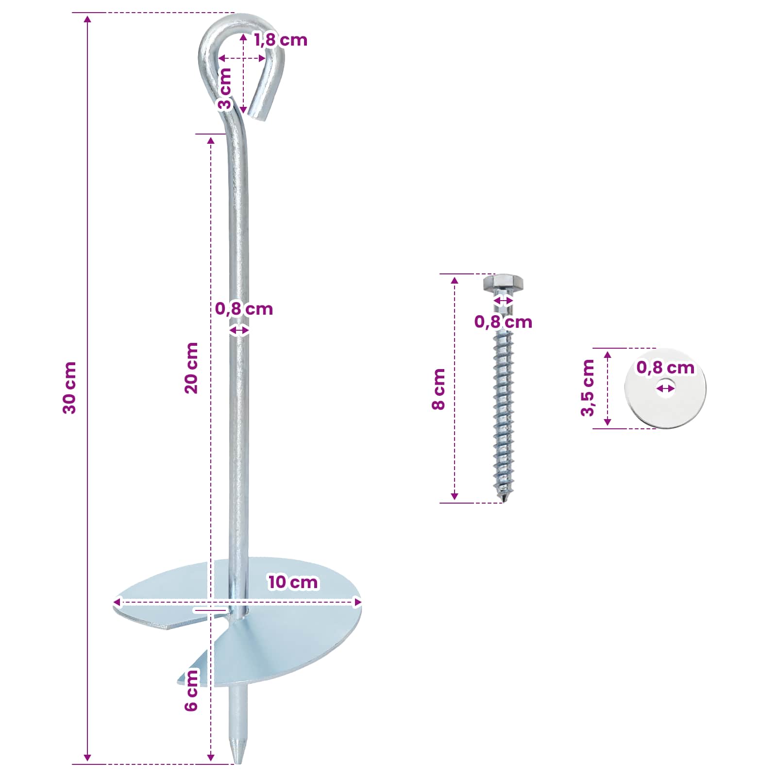 Földi horgony 10 pcs ezüst ø10 x 30 cm galvanizált fém