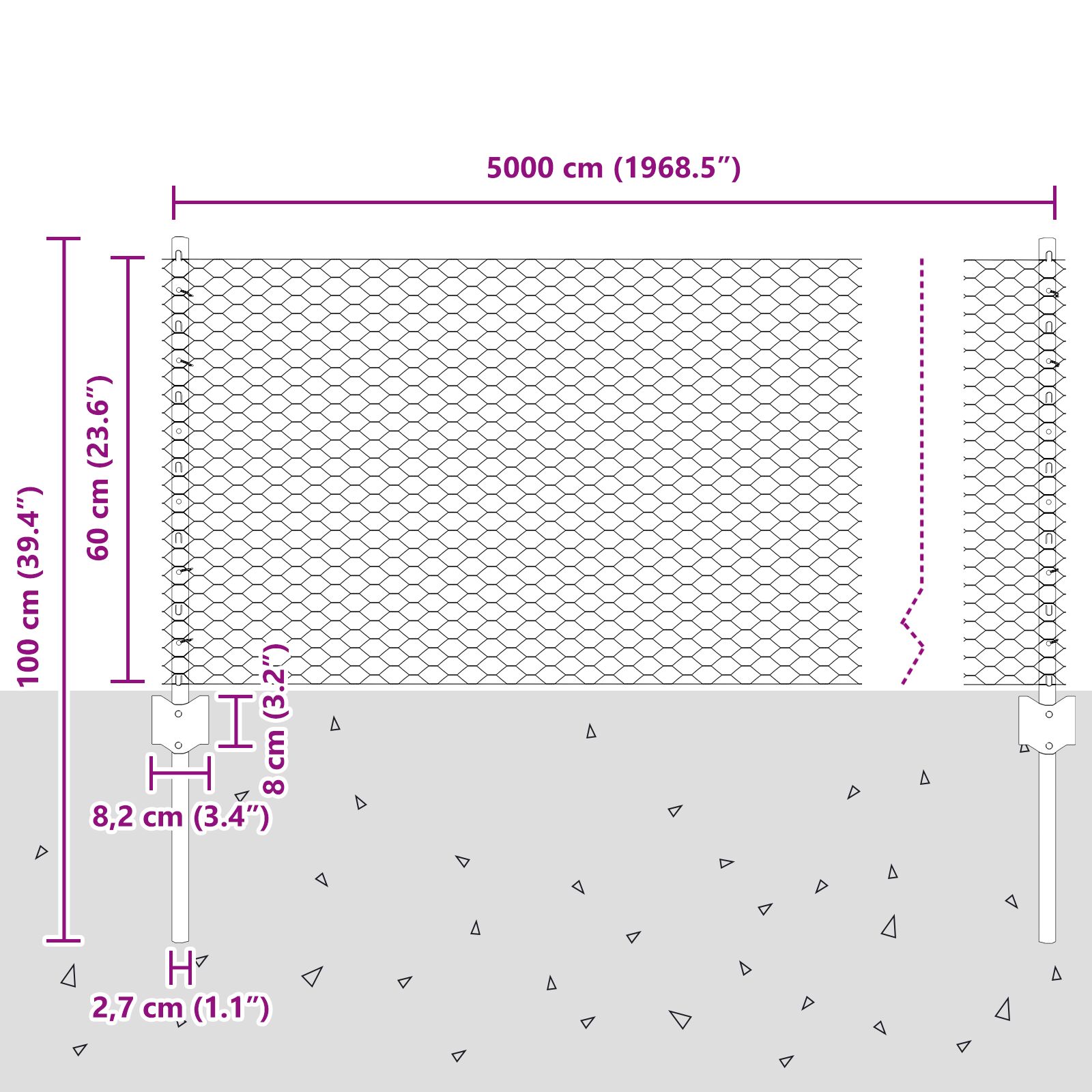 Kerítésoszlopok 11 db u-csatorna 60 cm horganyzott acél, hatszögletű kerítés 0.6x50 m horganyzott acél