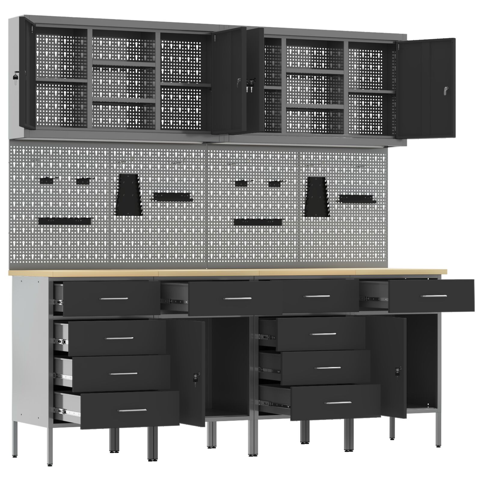 10 részes fekete mdf és fém munkaszekrény és pegboard szett