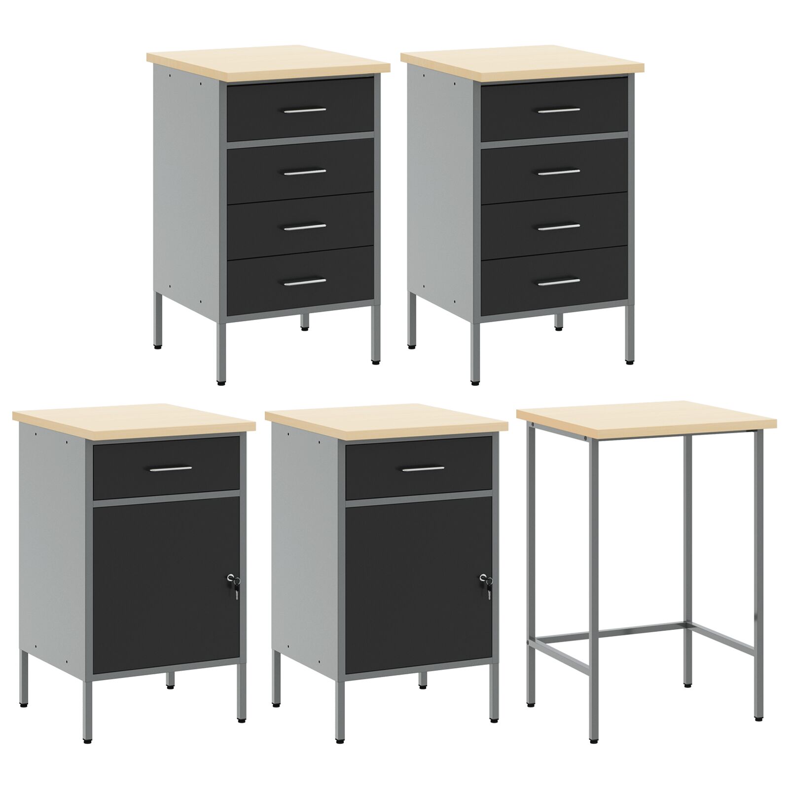 12 darabos munkaszekrény és falpanel szett fekete mdf-ből és fémből