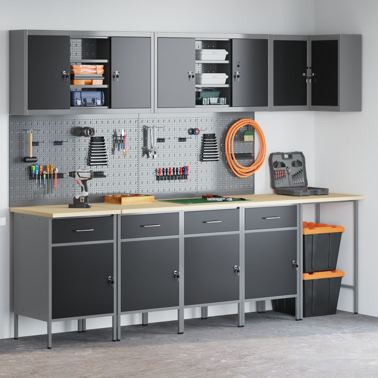 12 darabos munkasarok és pegboard szett fekete mdf-ből és fémből