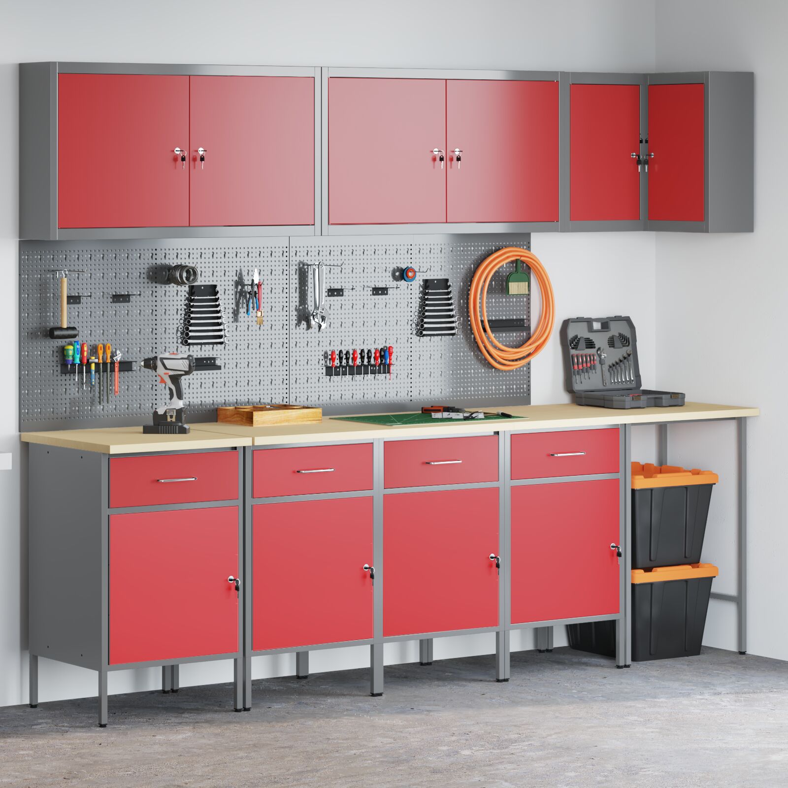 12 darabos munkaasztal és fogas szett piros mdf-ből és fémből