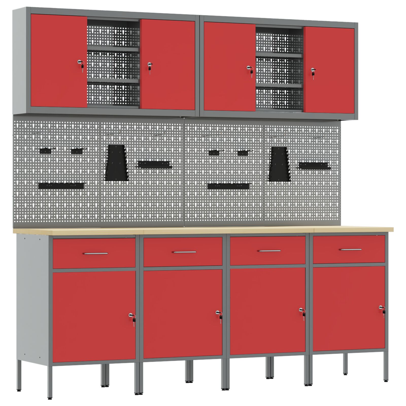 10 részes munkaszekrény és pegboard készlet, piros mdf-ből és fémből