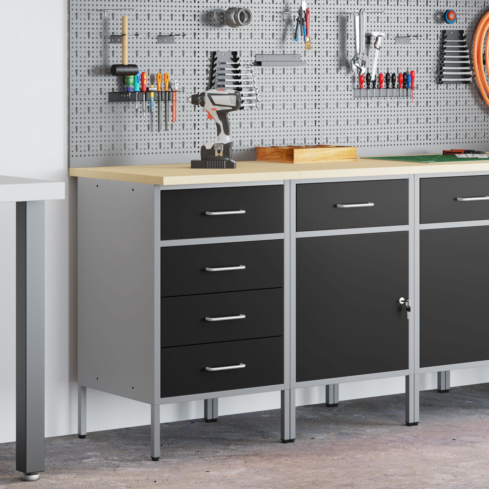 2 darabos munka szekrény szett fekete és szürke mérnöki fa meg acél