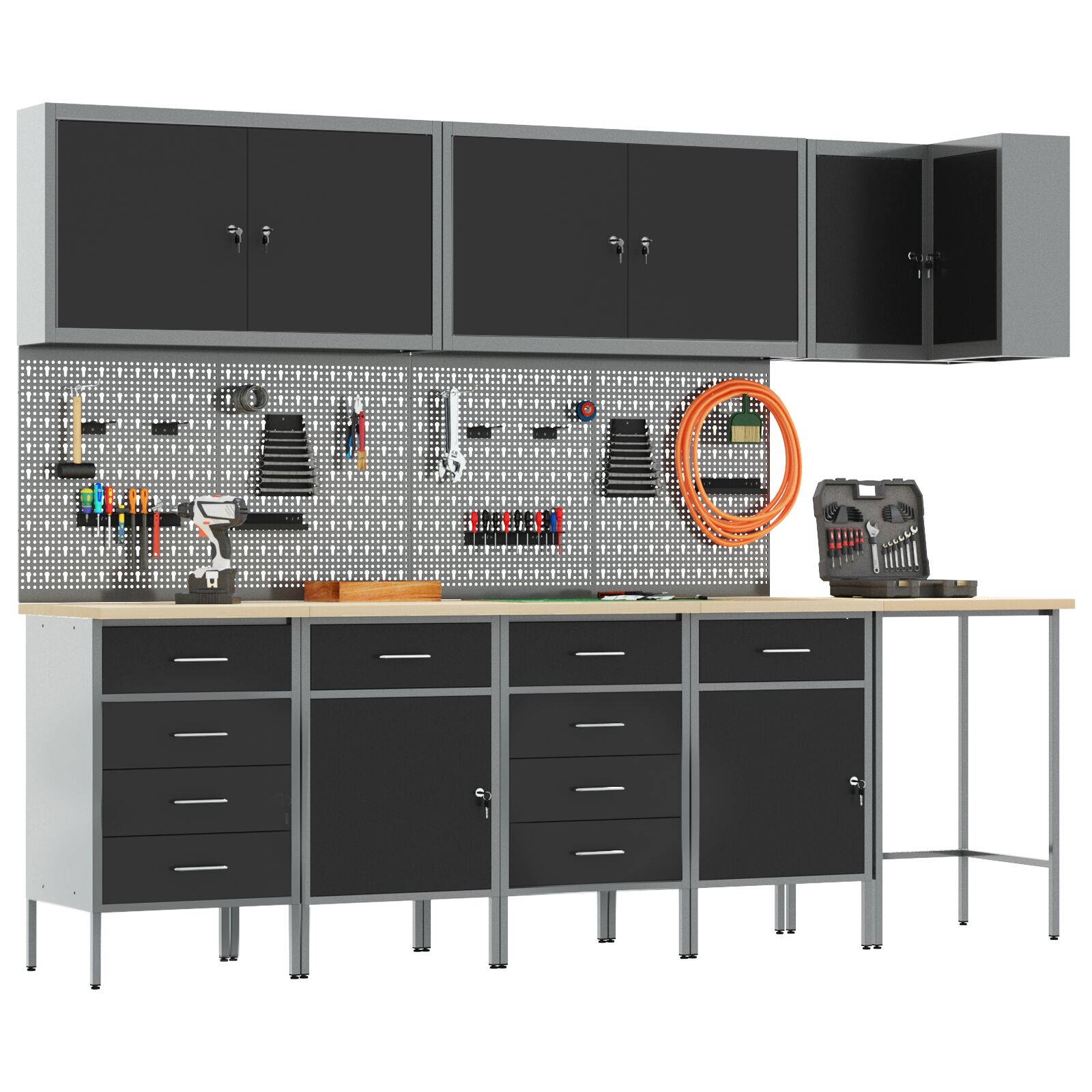 12 darabos munkaszekrény és falpanel szett fekete mdf-ből és fémből