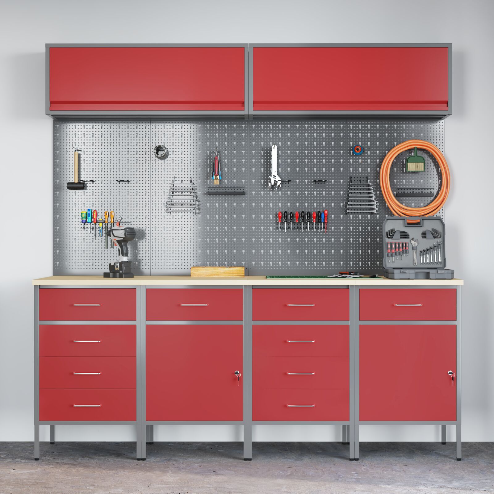 10 db-os munkaszekrény és fali tároló szett, piros mdf-ből és fémmel