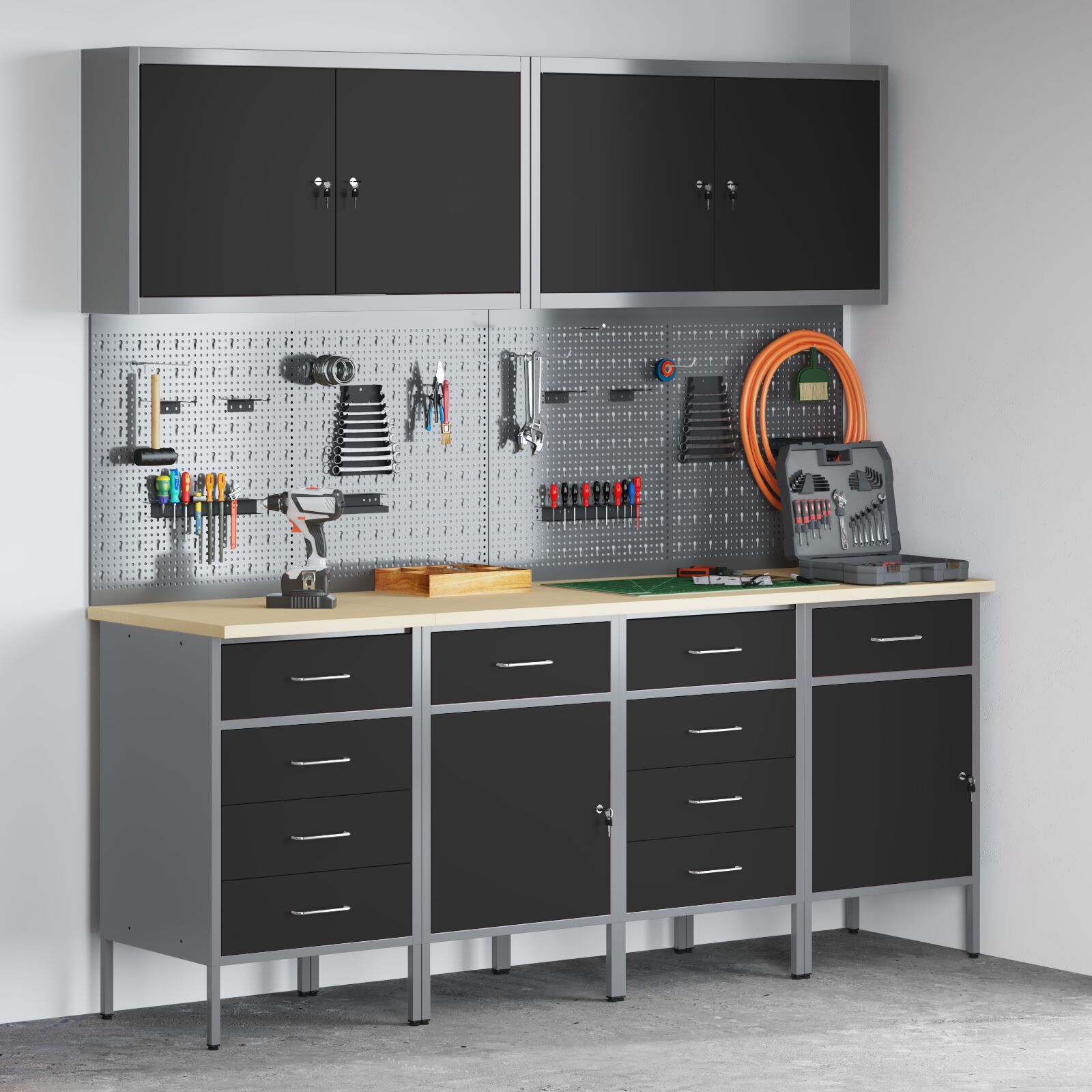 10 részes fekete mdf és fém munkaszekrény és pegboard szett