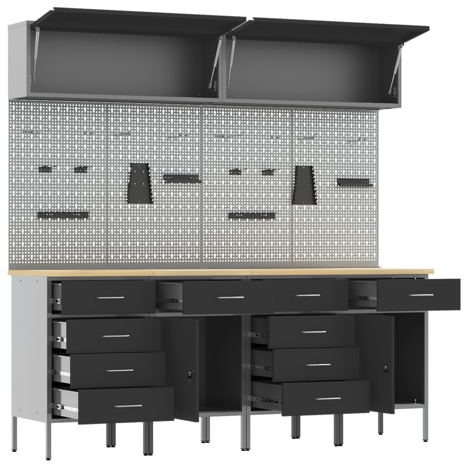 10 darabos munkaszekrény és pejláda szett fekete mdf-ből meg fémnől