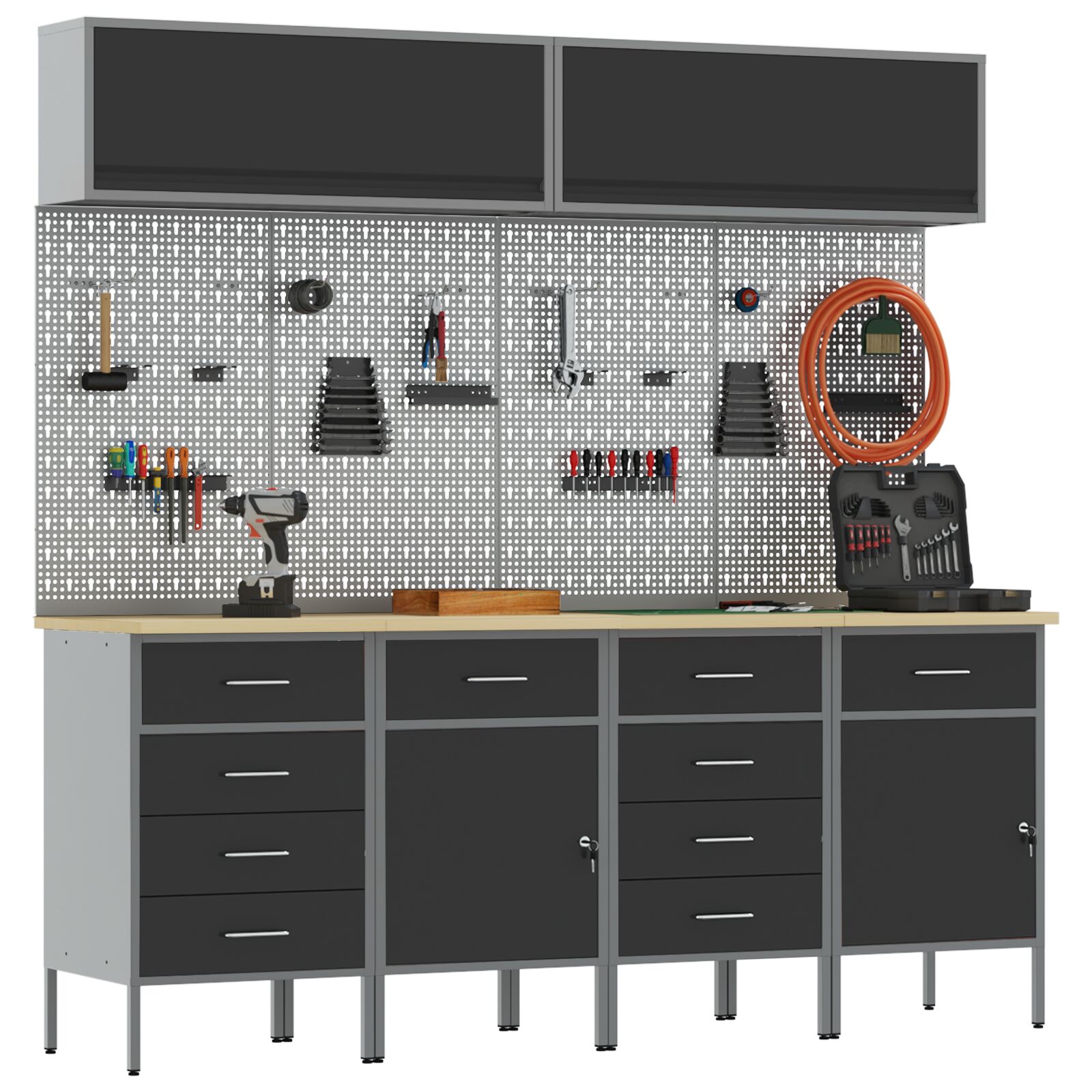 10 darabos munkaszekrény és pejláda szett fekete mdf-ből meg fémnől