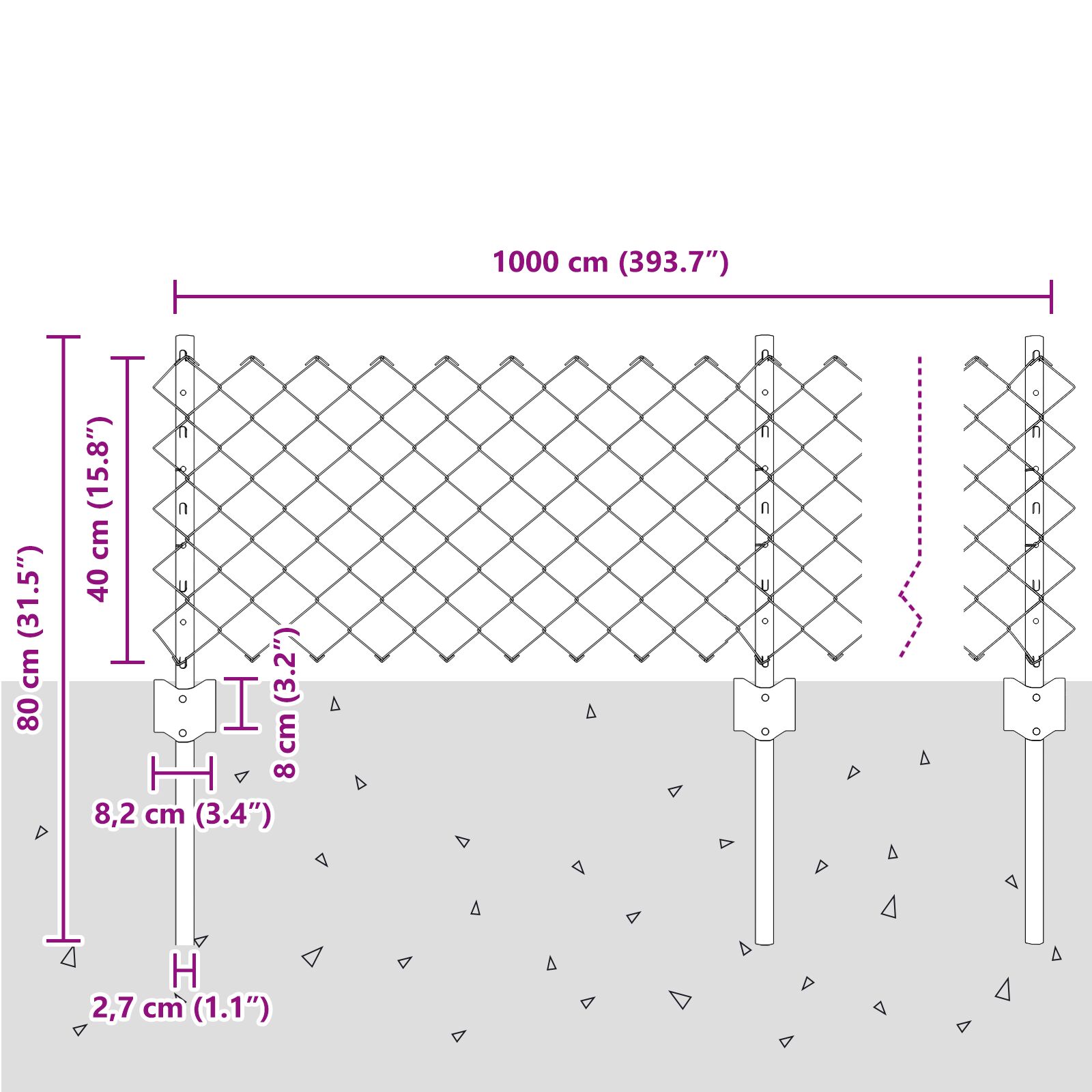 Lánckerítés 10 u oszloppal ezüst 0.4x10 m acél
