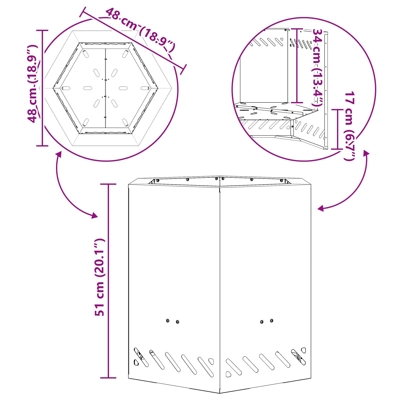 Füstmentes tűzhely hatszögletű 48x48x51 cm időjárásálló acél