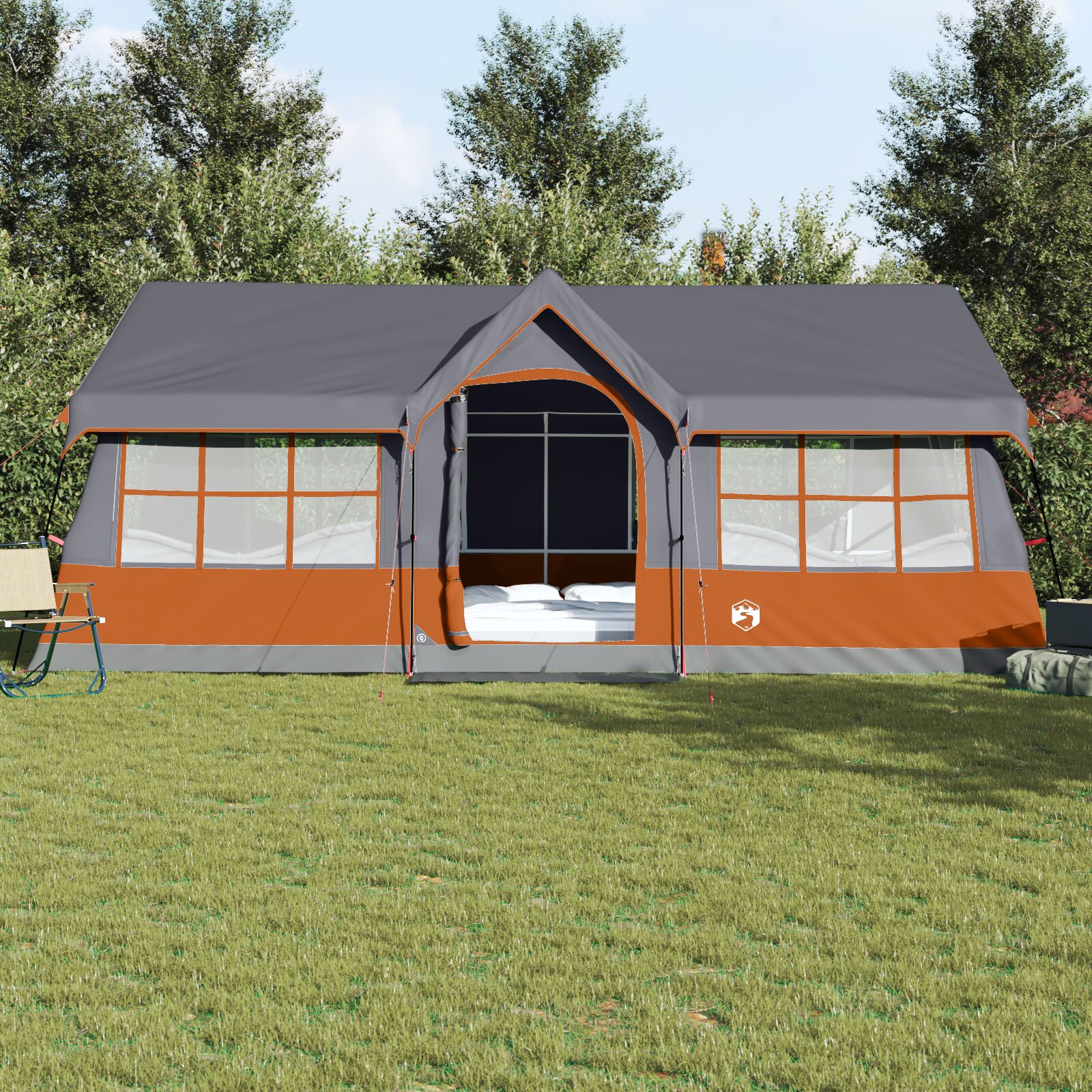Kemping sátor ablakkal szürke és narancs 12 fős vízálló
