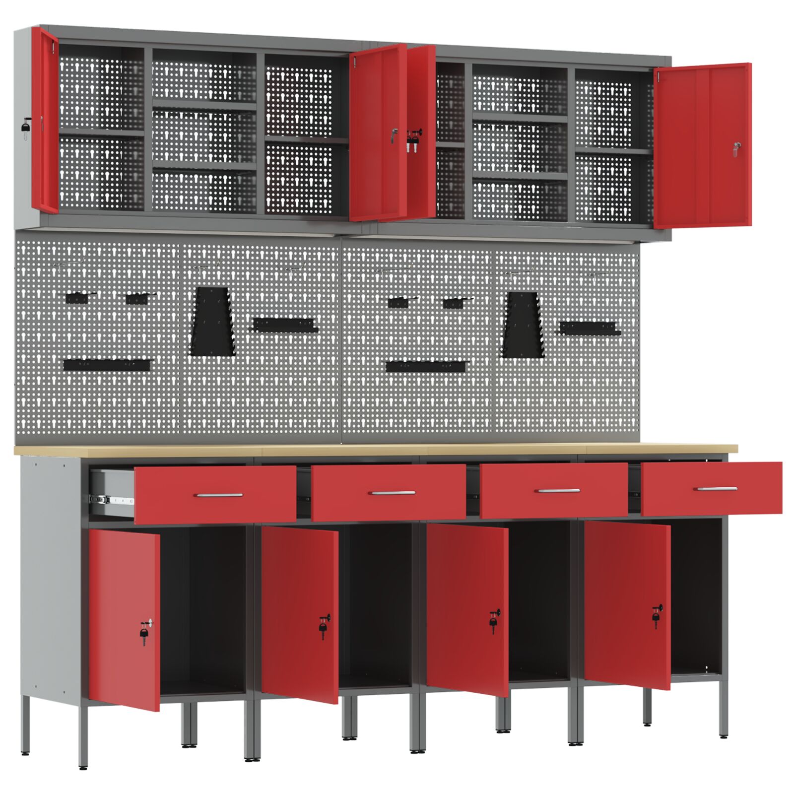 10 részes munkaszekrény és pegboard készlet, piros mdf-ből és fémből