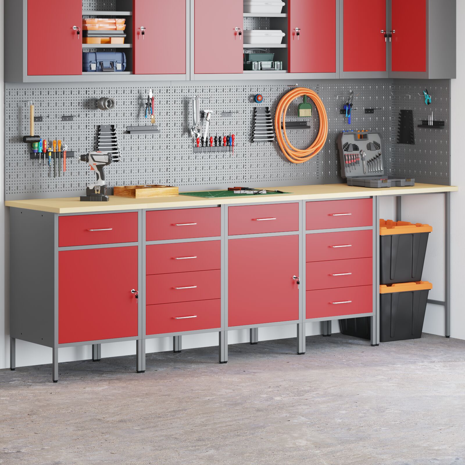 5 darabos munkaszekrény és sarokasztal szett, piros, mérnöki fa