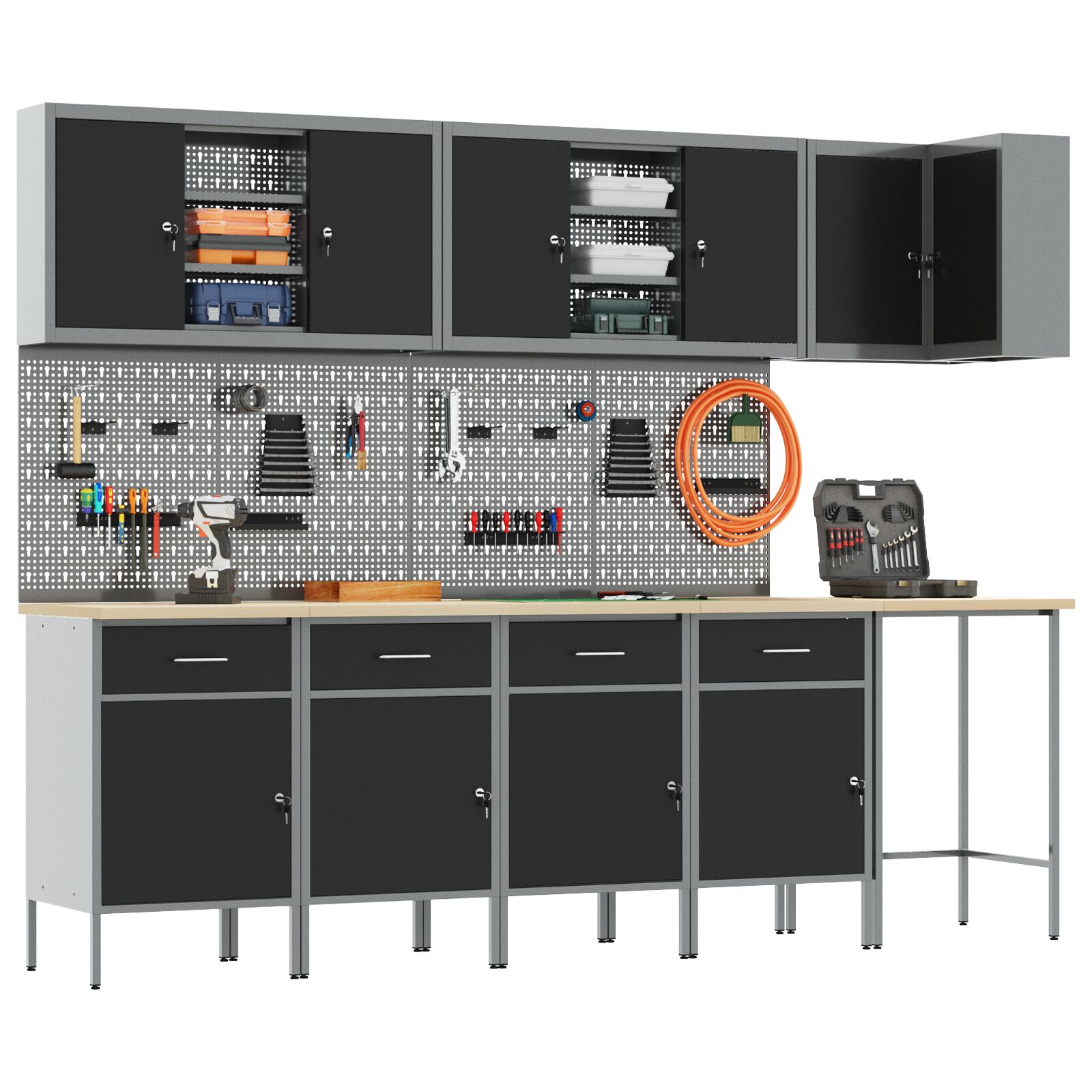 12 darabos munkasarok és pegboard szett fekete mdf-ből és fémből