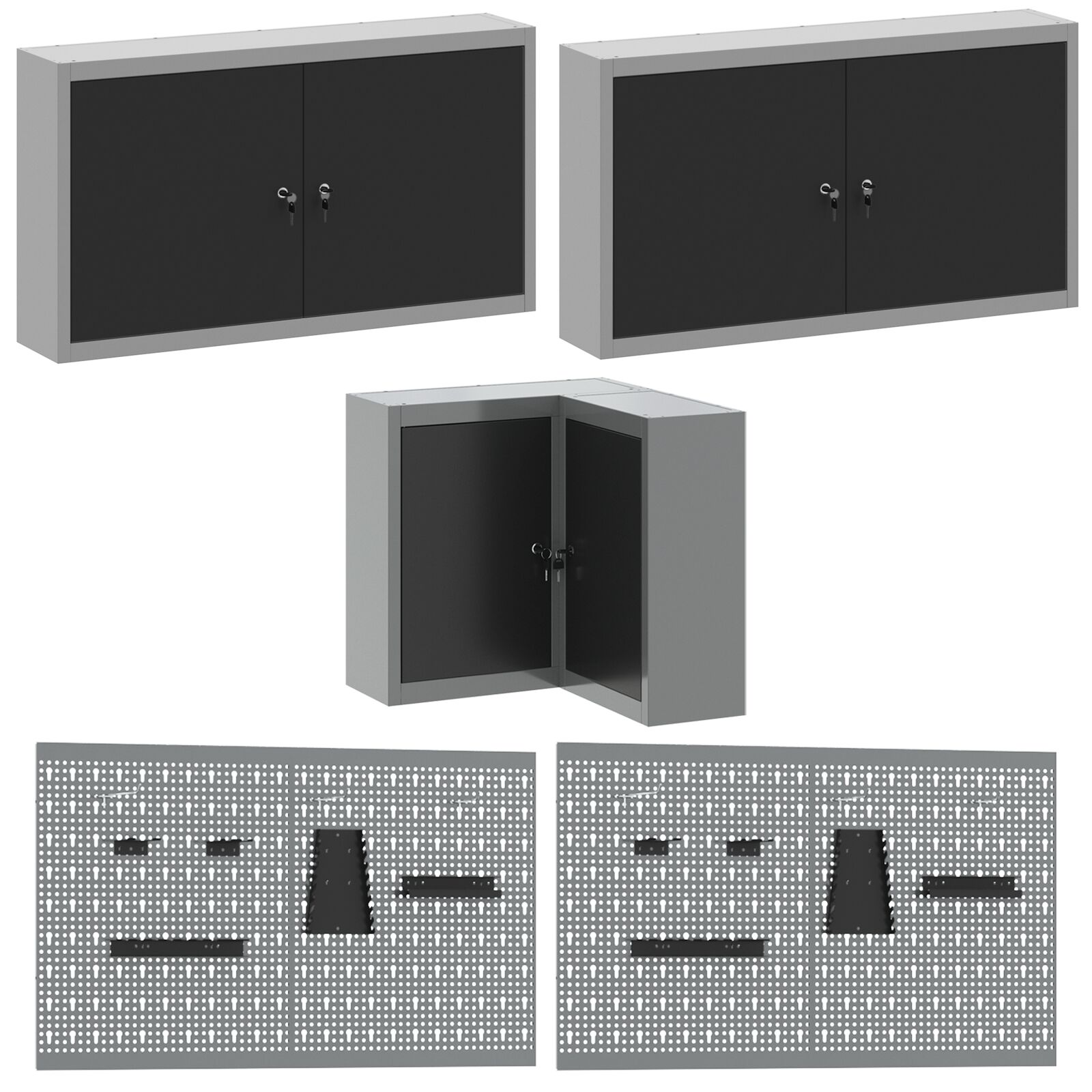 12 darabos munkaszekrény és falpanel szett fekete mdf-ből és fémből