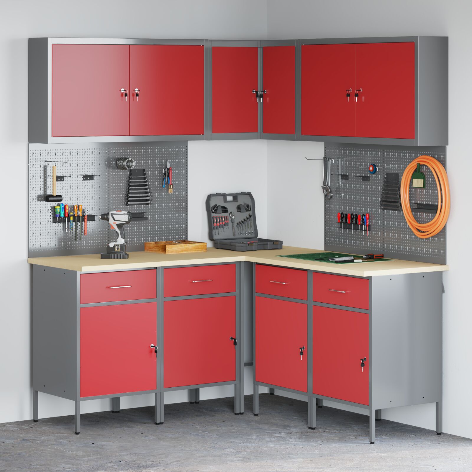 12 darabos munkaasztal és fogas szett piros mdf-ből és fémből