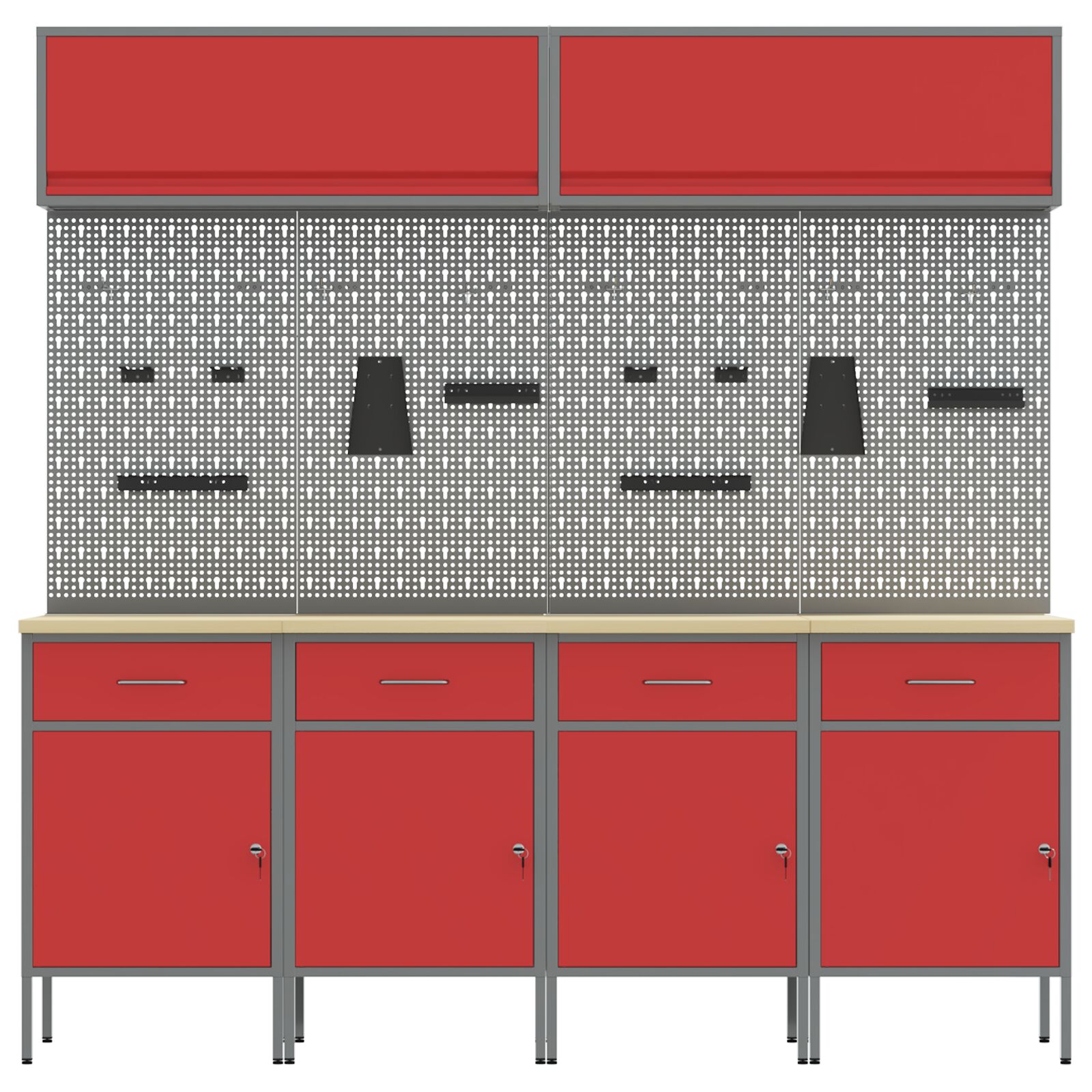 10 darabos munkaszekrény és pegboard készlet piros mdf-ből és fémből
