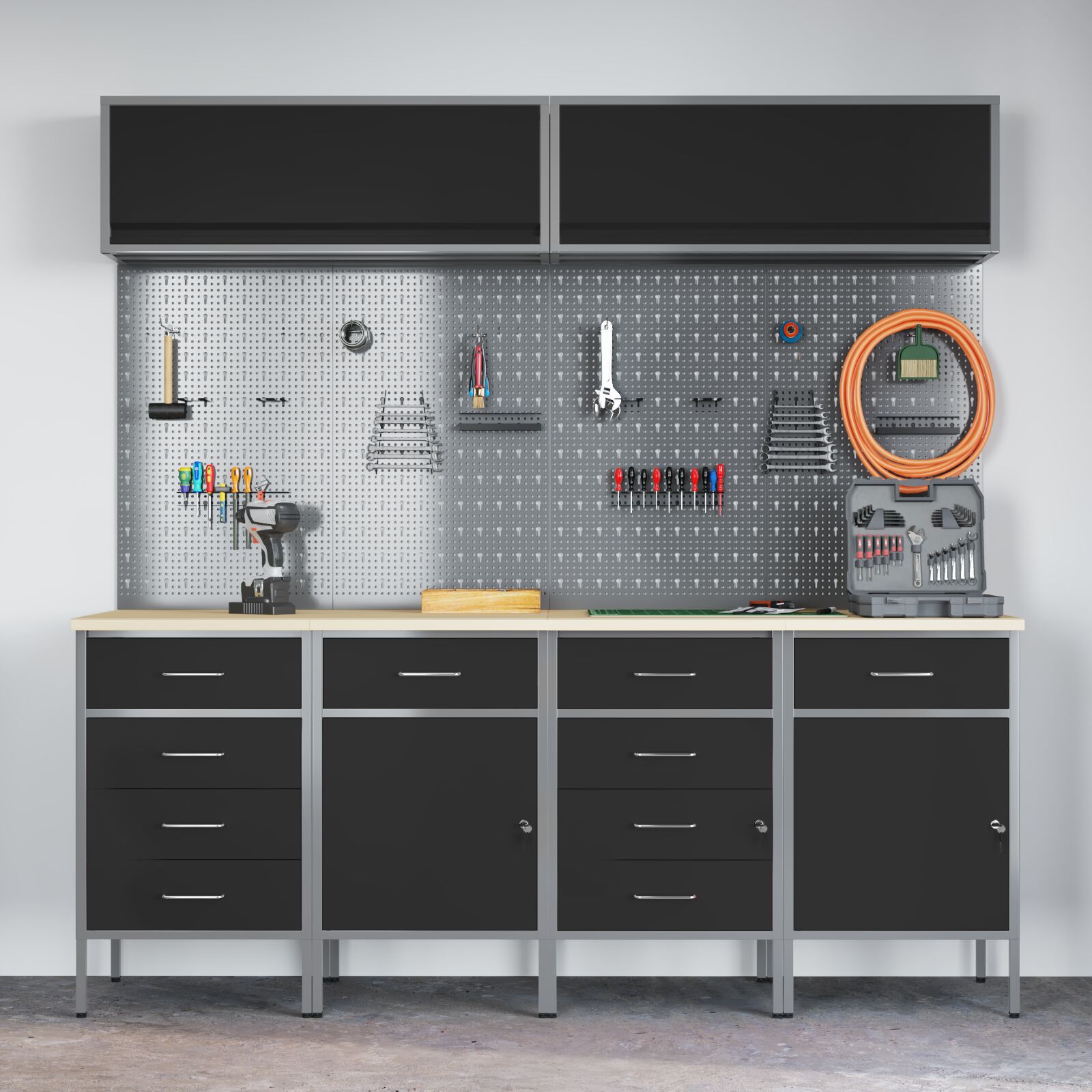 10 darabos munkaszekrény és pejláda szett fekete mdf-ből meg fémnől