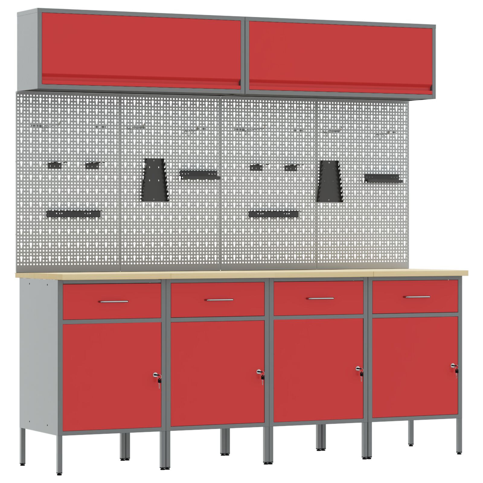10 darabos munkaszekrény és pegboard készlet piros mdf-ből és fémből