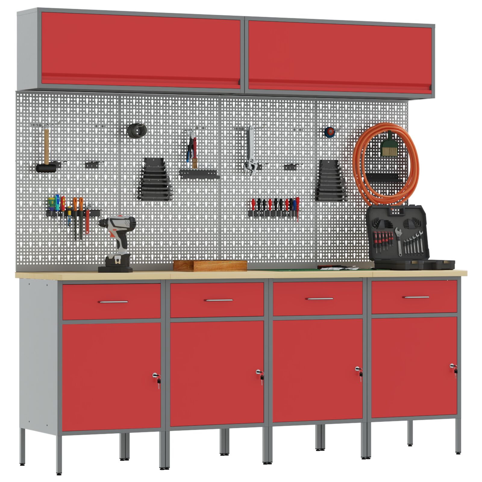 10 darabos munkaszekrény és pegboard készlet piros mdf-ből és fémből