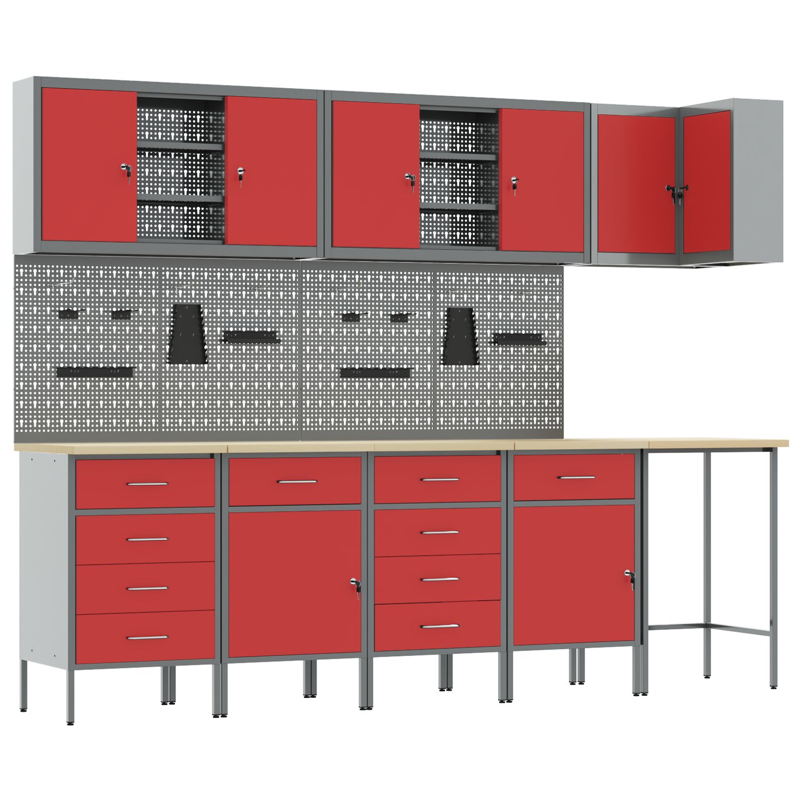 12 darabos munkaszekrény és pegboard szett piros mdf-ből és fémekből
