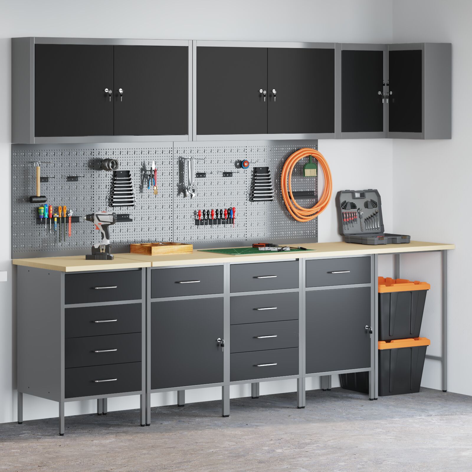 12 darabos munkaszekrény és falpanel szett fekete mdf-ből és fémből