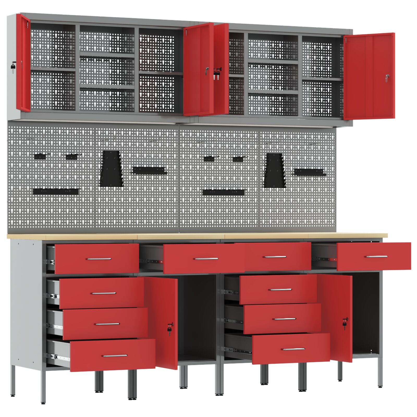 10 részes munkakabin és pegboard készlet - piros mdf és fém