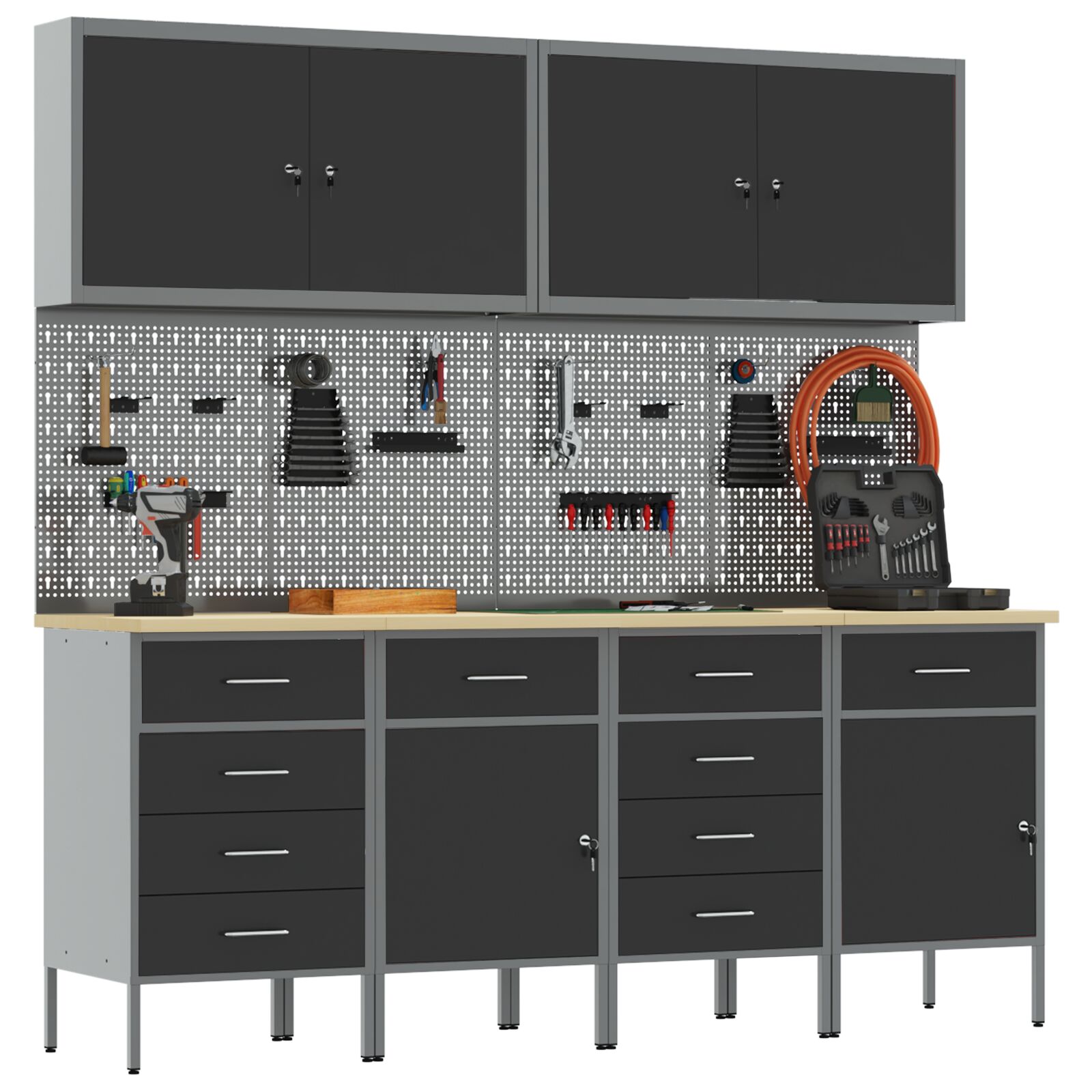 10 részes fekete mdf és fém munkaszekrény és pegboard szett
