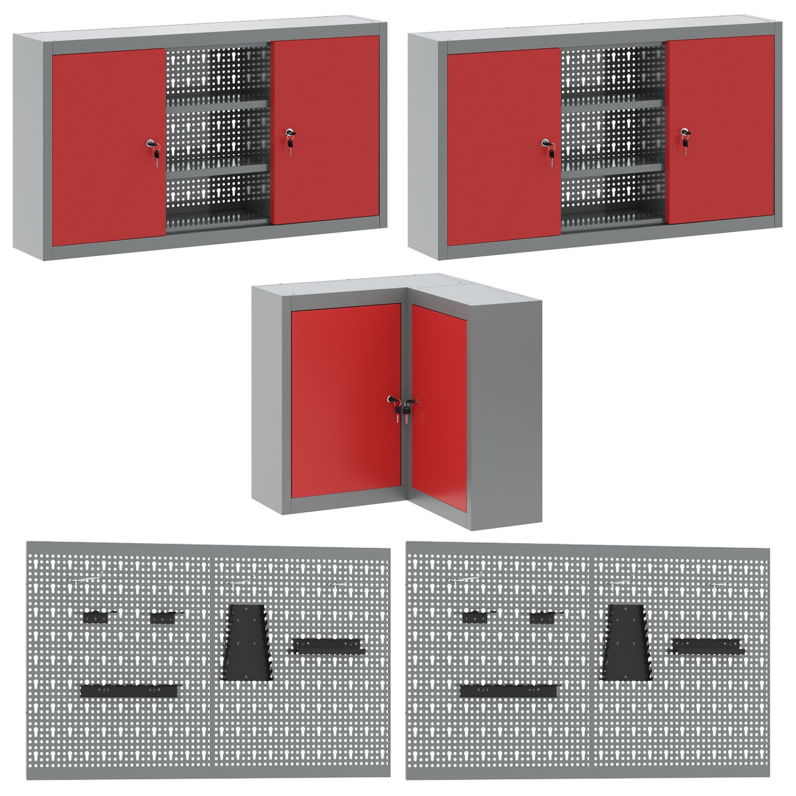 12 darabos munkaszekrény és pegboard szett piros mdf-ből és fémekből